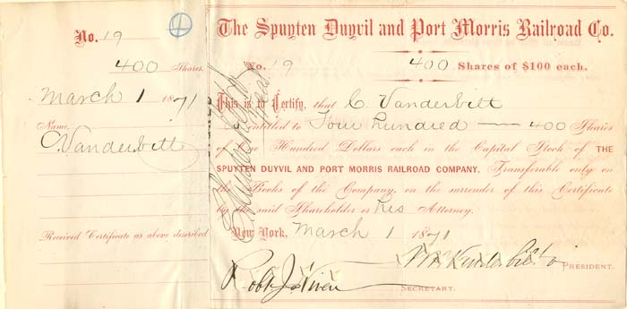 Spuyten Duyvil and Port Morris Railroad Co. signed by William H. Vanderbilt
